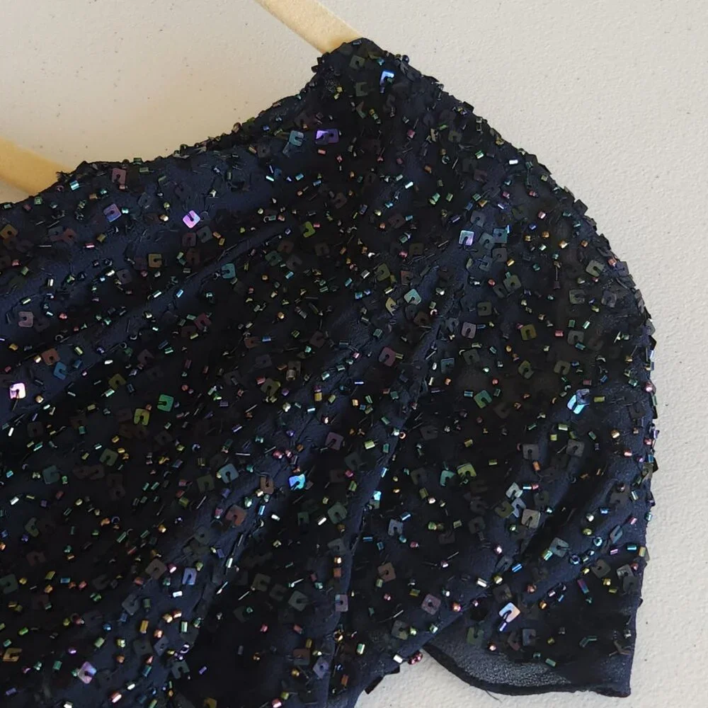 JKARA Chiffon Evening Dress Plus Size 18W Navy Blue, Sequin Bodice - Picture 5 of 12